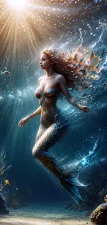 Enchanting mermaid swimming in a vibrant underwater scene with sunlight streaming through water.