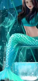 Enchanting mermaid with aqua tones on a mobile wallpaper.