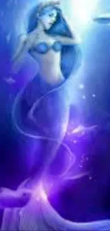 Enchanting mermaid in deep blue ocean with mystical lighting.