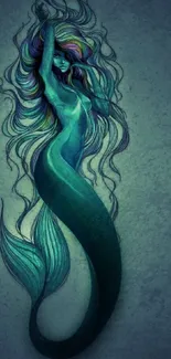 Illustrated mermaid with vibrant teal hues and flowing hair in a dreamy ocean theme.