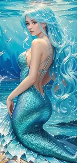 Enchanting mermaid with blue hair in an underwater fantasy setting.