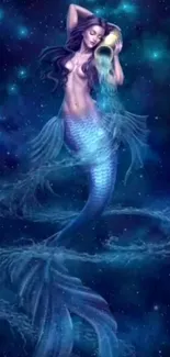 Mystical mermaid in a blue oceanic scene with celestial surroundings.