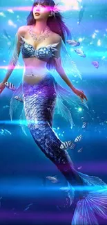 A vibrant blue mermaid swimming gracefully underwater.