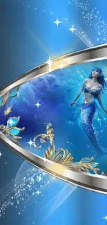 Enchanting mermaid in ocean scene with blue tones.