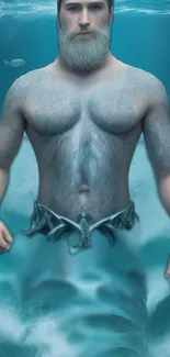 Fantasy merman in ocean-themed turquoise artwork.