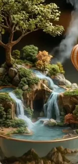 Miniature landscape with waterfalls and hot air balloon.