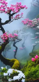 Misty landscape with vibrant blooming trees.