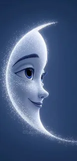 Cartoon crescent moon with a face on a dark blue background.
