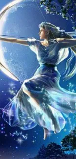 Enchanting archer with bow under moonlit sky fantasy wallpaper.