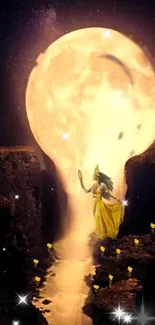 Mystical woman in yellow dress by a glowing moon sculpture.