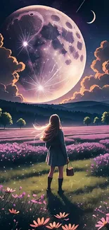 Serene girl under moonlit sky in floral field wallpaper.