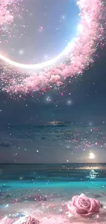 Mesmerizing fantasy with a moonlit beach and pink roses under a starry sky.