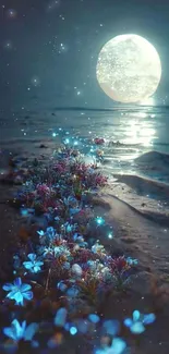 Enchanting moonlit beach scene with flowers and calm ocean waves.