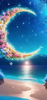 Magical crescent moon over a serene starry beach with flowers and ocean view.