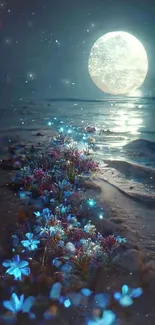 Moonlit beach with glowing flowers at night, creating a serene and enchanting scene.