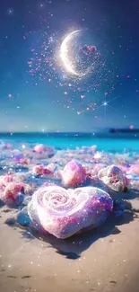 Magical moonlit beach with seashells and sparkling night sky.