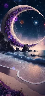 Magical night beach with crescent moon and purple flowers under starry sky.