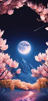 A dreamy moonlit path surrounded by blossoming trees under a starlit sky.