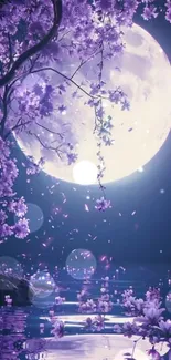 Purple blossom with moonlit reflection on tranquil water.