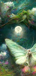 Ethereal moonlit forest with butterfly and floral theme for mobile wallpaper.