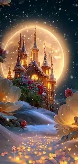 Enchanting castle under a full moon with glowing flowers in a starry night.