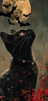 Black cat gazing at a mystical moon with bats flying across the night sky.