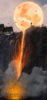 Moonlit cliff artwork with glowing waterfall and house.