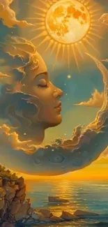 Surreal artwork of a serene face in the crescent moon against a vibrant sky.