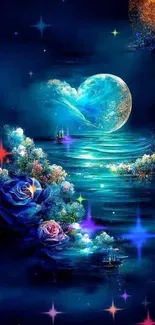 Magical moonlit fantasy wallpaper with blue roses and mystical landscape.