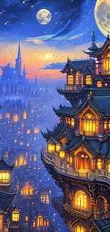 Fantasy cityscape under moonlight with glowing windows.