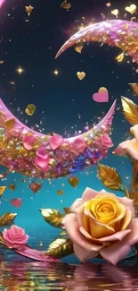 Sparkling crescent moon with roses and gold accents on a night sky.