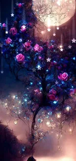 Moonlit wallpaper with glowing stars and roses in purple hues.