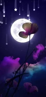 Moonlit scene with flowers silhouetted against a vibrant purple night sky.