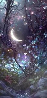 Enchanting forest wallpaper with glowing flowers and a crescent moon in a mystical night scene.