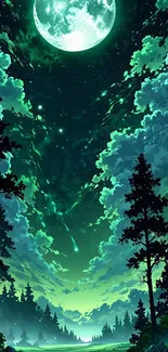 Moonlit forest with glowing night sky and trees.