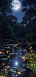 Moonlit forest with glowing flowers and a serene river at night.