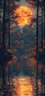 Moonlit forest with water reflection and orange hues.