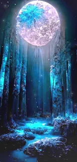 Mystical forest illuminated by a full moon.