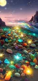 Moonlit pathway with colorful glowing gems on a beach.