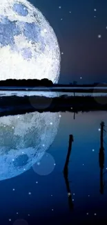 Majestic moon reflecting over tranquil lake at night in blue hues.