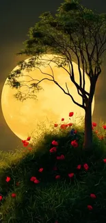 Tree and red flowers under a golden moonlit sky.