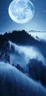 Moonlit mountain landscape with deep blue hues and starry sky.