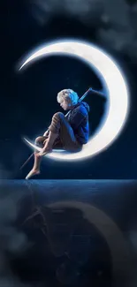 A character sits on a glowing crescent moon in a dark, starry night sky.