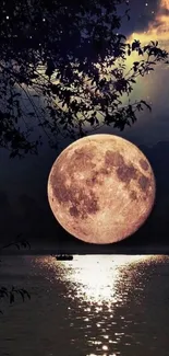 Moonlit lake scene with full moon reflection and silhouetted trees.