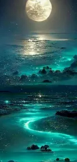 Moonlit ocean with glowing teal waters and starry night sky.