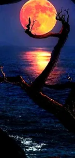 Luminous orange full moon over serene ocean with silhouetted tree.