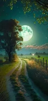 Enchanting moonlit path with tree and glowing moon in serene night landscape.