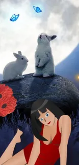 Enchanting rabbits and moonlit scene with butterflies and a mysterious woman.