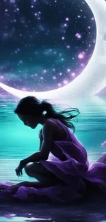 Silhouette of a person against a moonlit, starry night scene with water reflection.