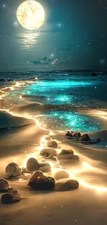 Moonlit river with glowing sand path under a full moon.